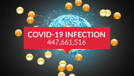 Covid-19-Mit-Zunehmenden-Infektionen-Und-Gesichtsemojis-über-Dem-Menschlichen-Gehirn,-Das-Sich-Auf-Grauem-Hintergrund-Dreht