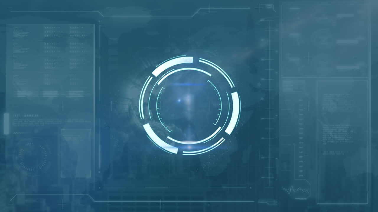 Round scanner over globe spinning against digital interface with data processing on blue background