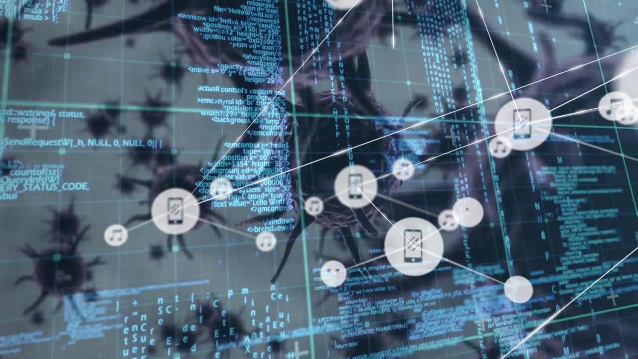 백색 배경에 코로나 세포에 대한 연결 네트워크와 데이터 처리의 애니메이션