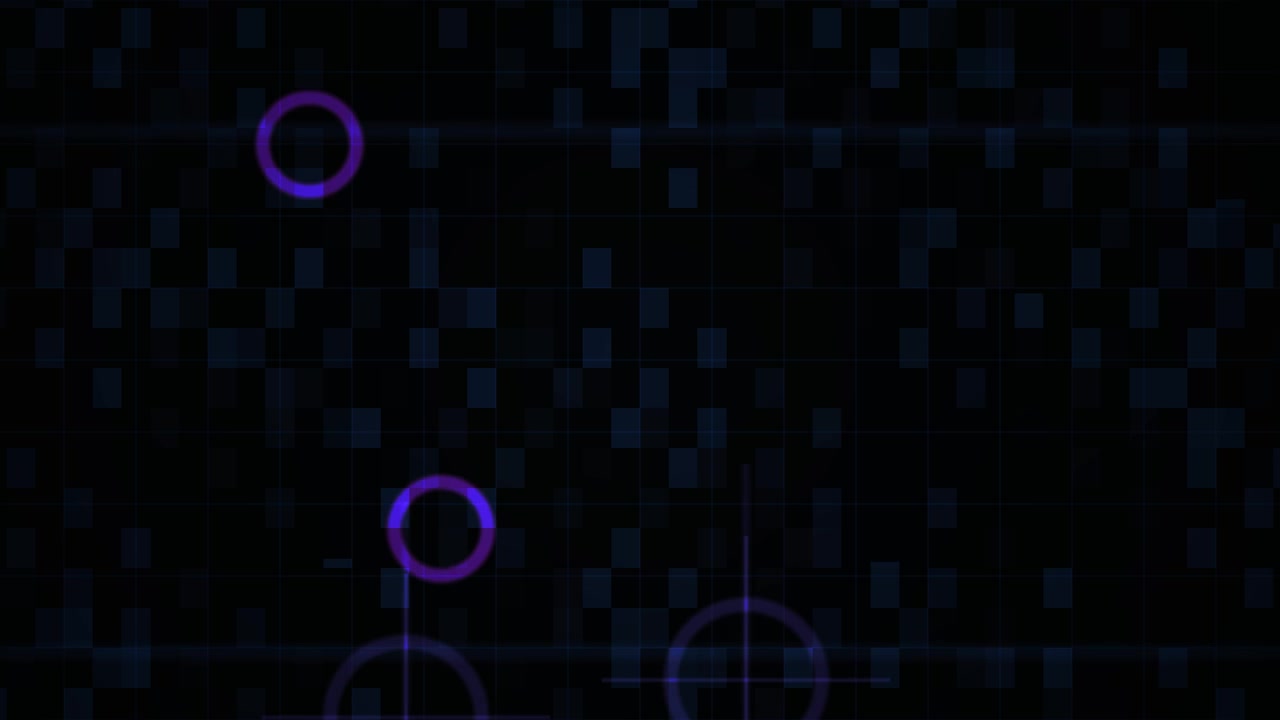 Abstract Digital Background with Moving Blue Squares and Circular HUD Elements