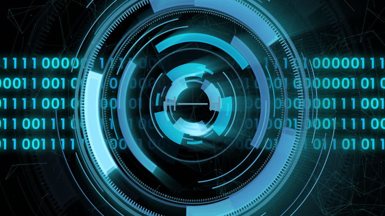 Interfaccia digitale blu rotante con codice binario e motivi circolari, animazione futuristica