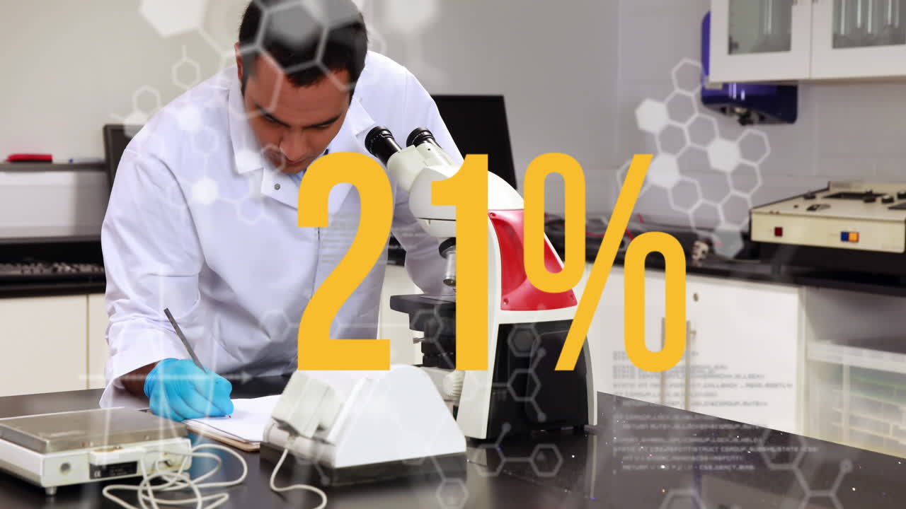 실험실에서 두 인종의 남성 과학자에 대한 퍼센트 애니메이션과 과학 데이터 처리