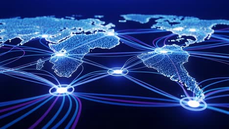 a global network visualization depicting connections and data flow across nations, featuring illuminated nodes and dynamic paths on a digital map