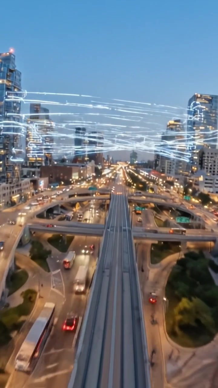 Paisaje urbano dinámico al anochecer: Transformando la infraestructura de la ciudad y el flujo de tráfico con arquitectura moderna y luces vibrantes en una metrópolis moderna.