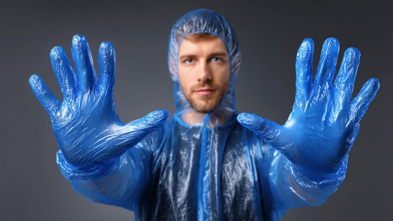 A Person in Blue Protective Gear Demonstrating Safety Measures and Awareness with Open Hands in the Focus, Symbolizing Preparedness and Professionalism in Hazardous Environments