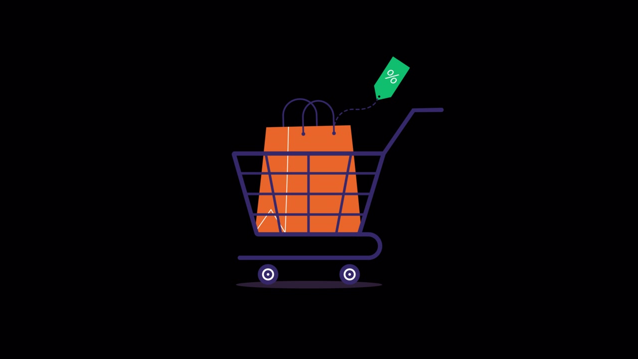 Animated Shopping Cart with Discount Tag and Bag