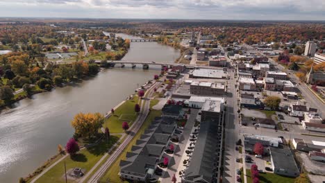 residential area in downtown saginaw, michigan, usa by saginaw river, drone view