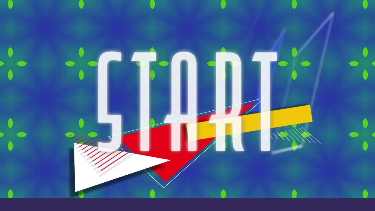 Animation of start text over colourful shapes moving