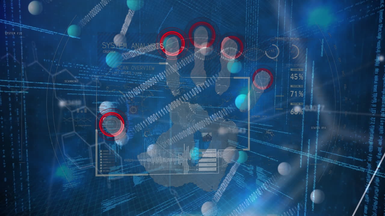 손 바이오닉 보안 시스템, dna 및 공식의 애니메이션은 파란 공간에서 데이터 처리를 통해