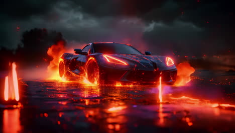 fiery sports car with sparkling sparks against the dark sky