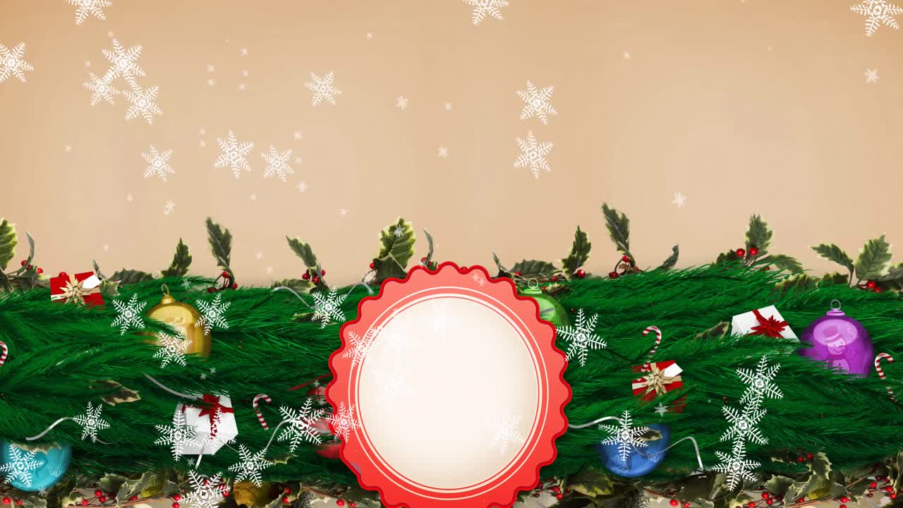 복사 공간과 크리스마스 장식으로 둥근 배너 위에 떨어지는 눈송이의 애니메이션