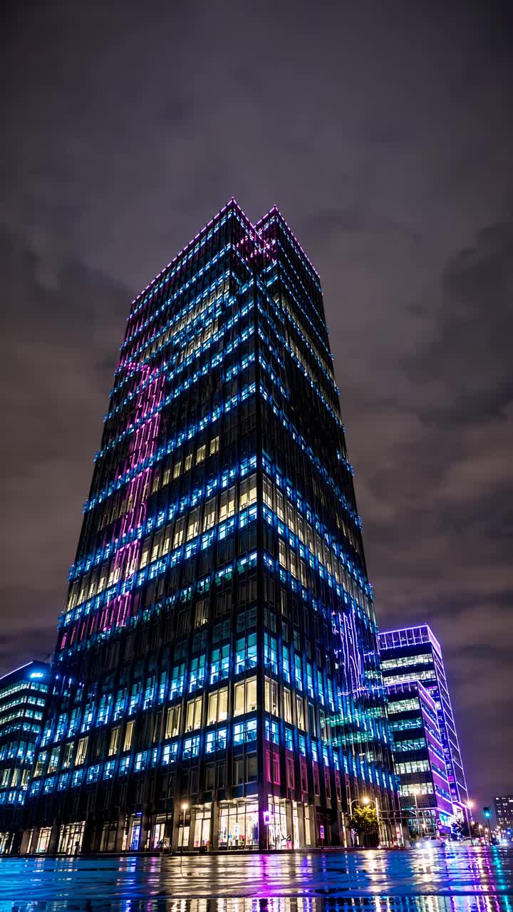 A low-angle shot of a modern skyscraper illuminated with vibrant neon lights, creating a futuristic