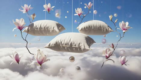 floating pillows with magnolia flowers in the clouds