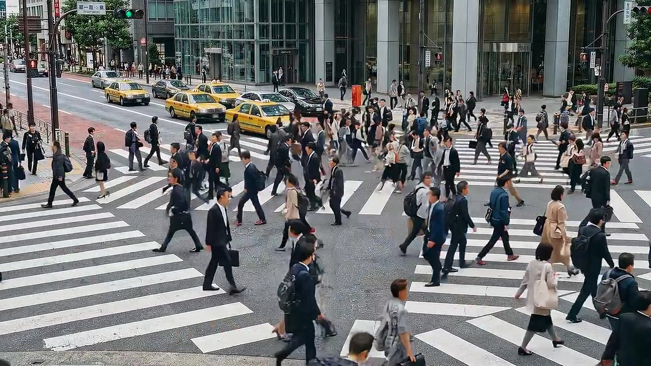 Crowd of pedestrians crossing busy urban intersection in daylight in city