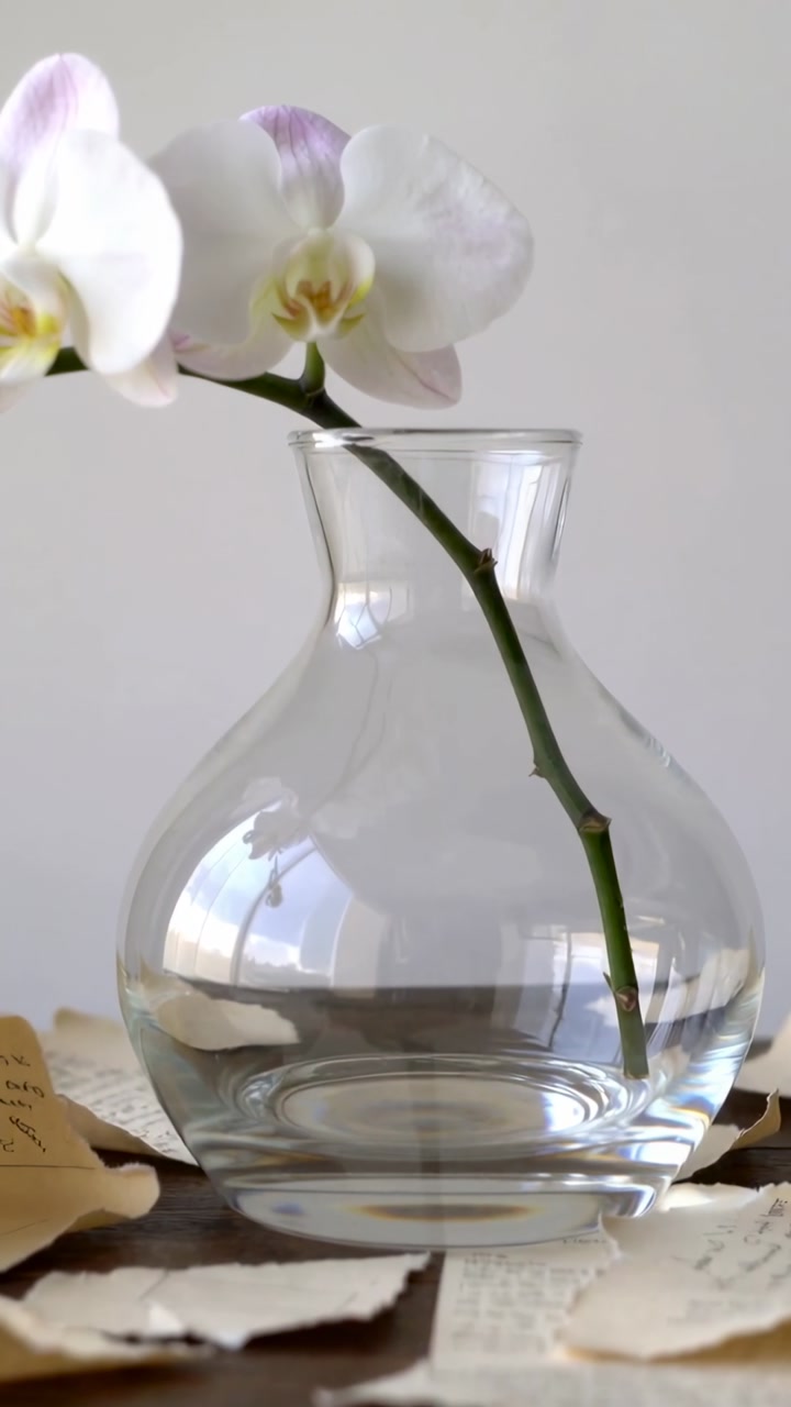 Vertical video: Pushing camera toward glass vase on oak desk with torn pages to reveal orchid