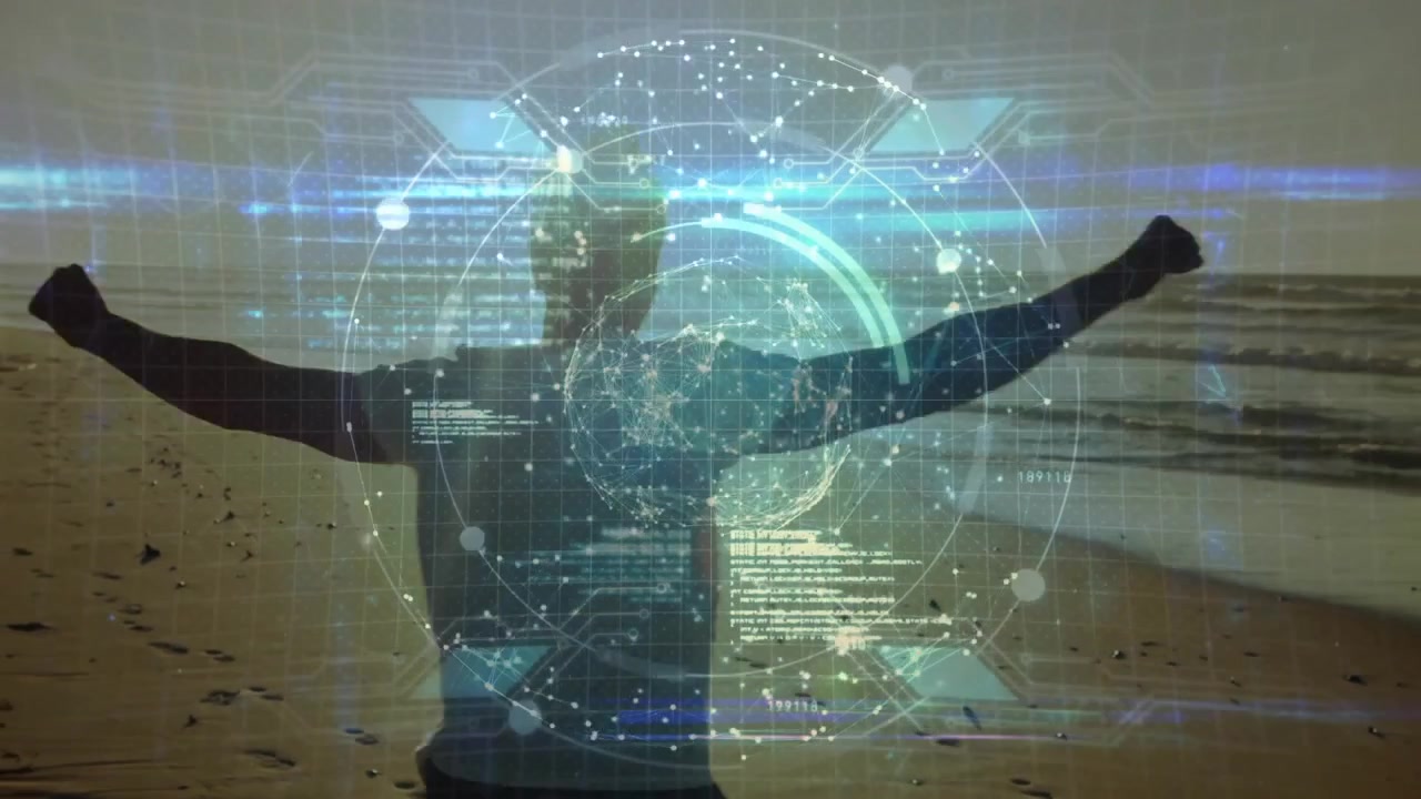 senior man walking shore activating tech globe overlay tracking movement aligning arms then running
