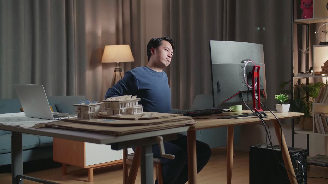 집에서 스트레칭하는 피곤한 건축가