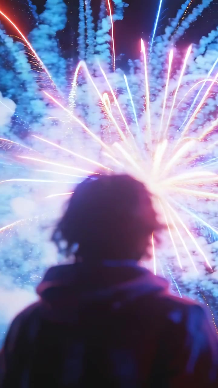 Video vertical: Persona encapuchada de pie con mochila viendo fuegos artificiales de noche mientras los arcos se extienden.
