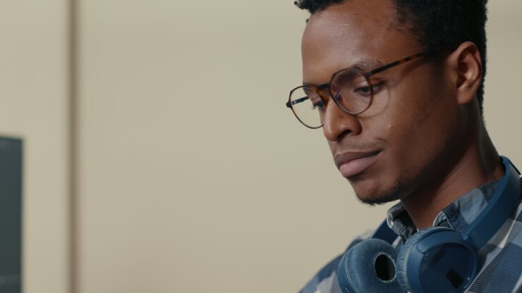 Portrait of african american database developer with glasses working focused looking at computer