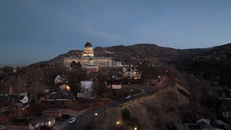 salt lake city, utah state capitol building at nighttime - aerial parallax