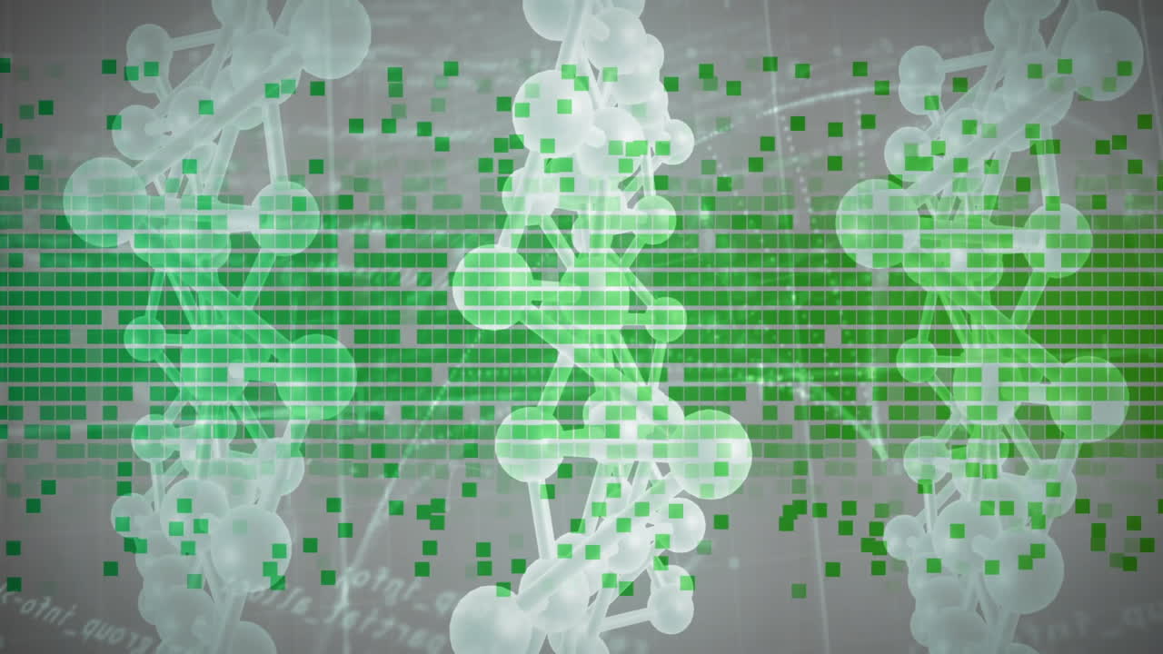 Molecular structures and green digital data blocks in scientific animation