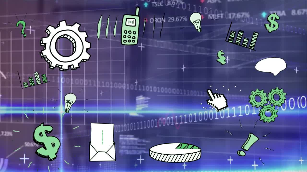 Animation of binary coding, digital icons and data processing