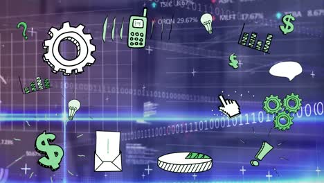 animación de codificación binaria, iconos digitales y procesamiento de datos