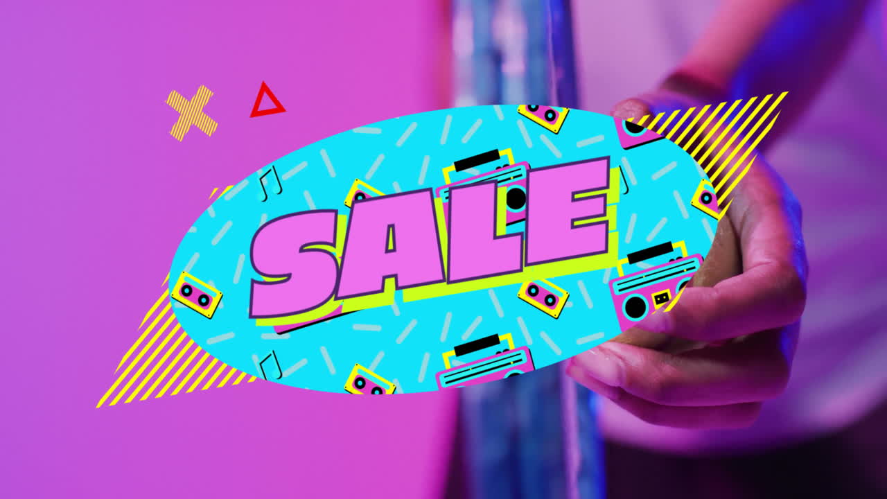 Woman holding smartphone under neon sale graphic, showcasing retail with cassette and boombox icons