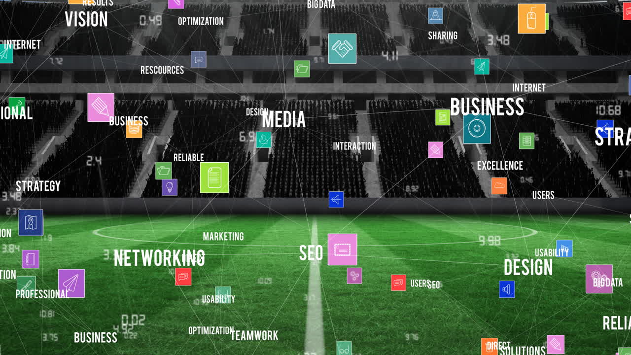 Animation of network of connections and text over empty stands in sports stadium