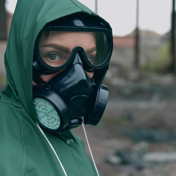 Sopravvissuta in zona radioattiva. Donna spaventata in tuta protettiva e maschera antigas in piedi in un luogo abbandonato che guarda in camera. Catastrofe tecnogenica
