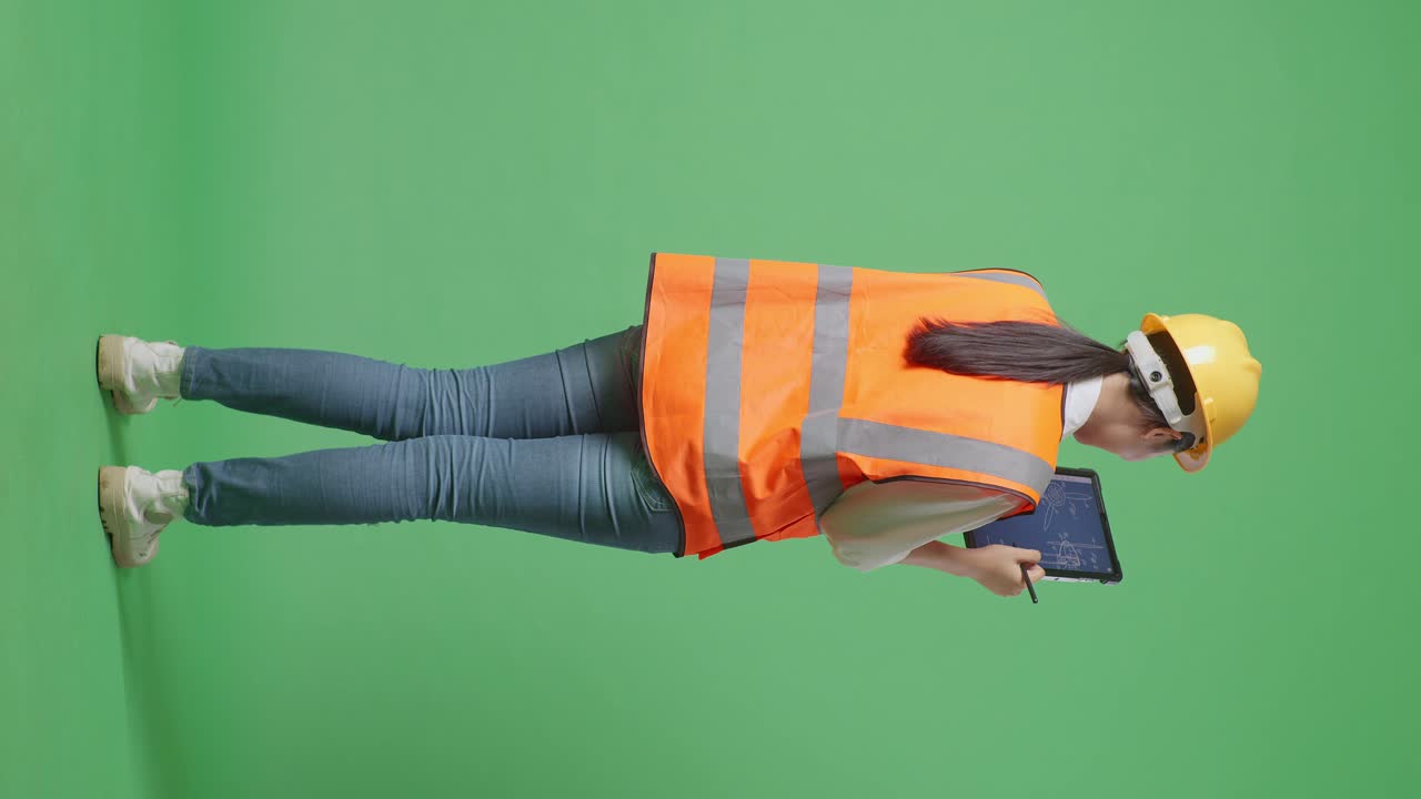 Full Body Back View Of Asian Female Engineer With Safety Helmet Using A Tablet Drawing The Wind Turbine Blueprint While Standing In The Green Screen Background Studio