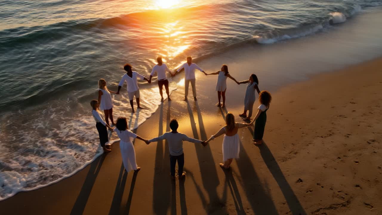 해가 지는 해변에서 손을 잡고 있는 사람들