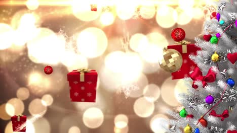 Animation-of-decorated-white-christmas-tree,-falling-snowflakes,-gifts-and-baubles-on-bokeh-lights