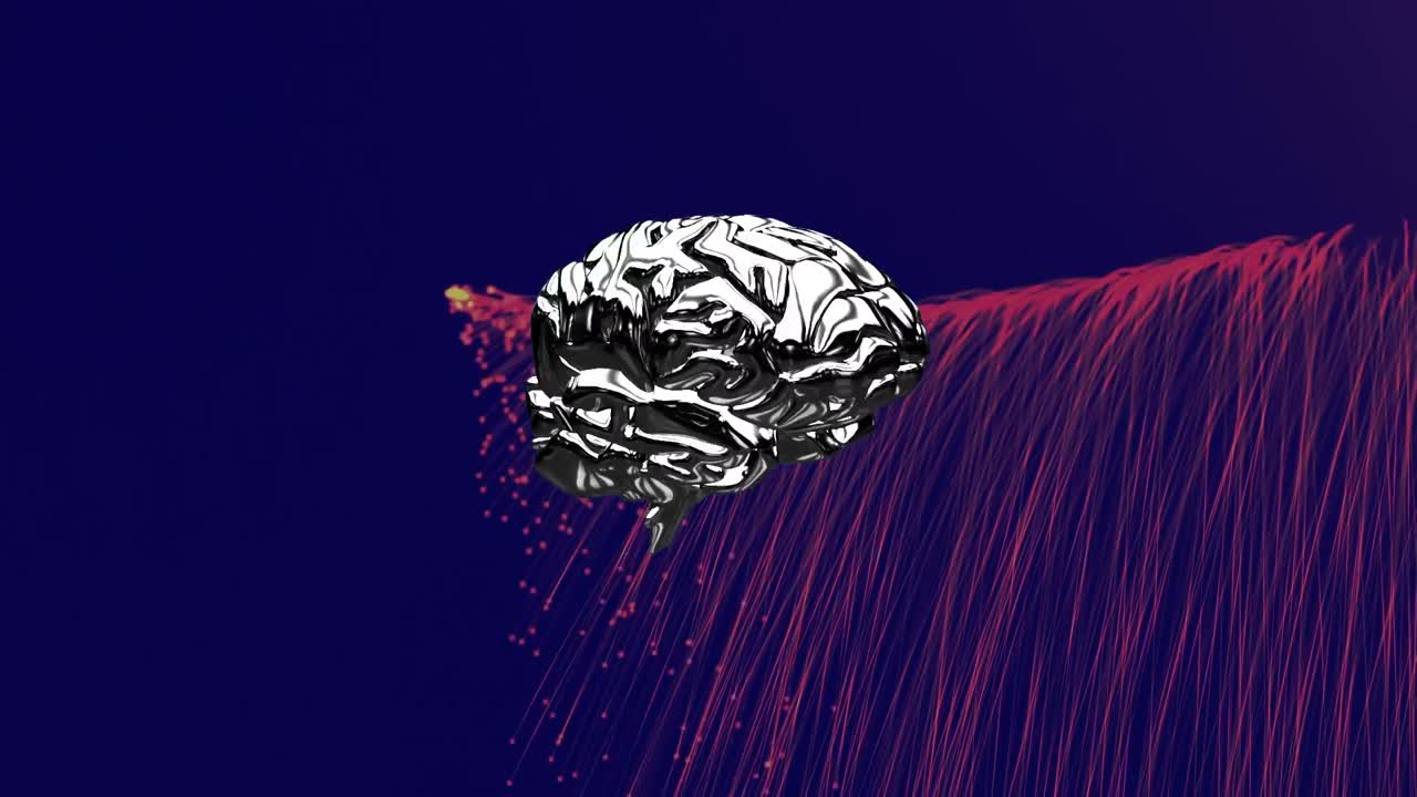 Animazione di cervello umano e scie rosse su sfondo blu scuro