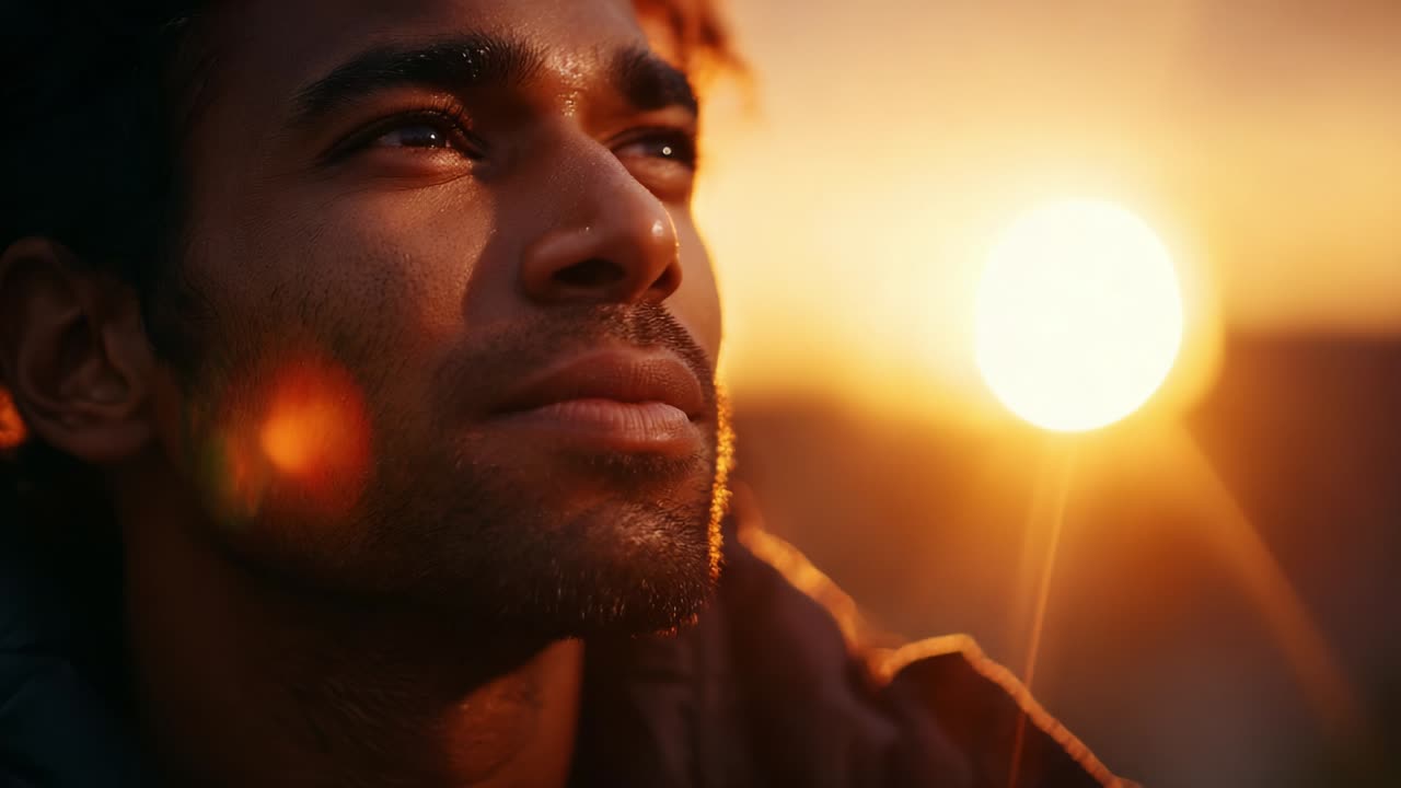 A Contemplative Moment at Dusk: A Close-Up of a Young Man Gazing Thoughtfully Towards the Sunset, Capturing the Tranquil Beauty of Nature and the Depth of Human Emotion Under Golden Light