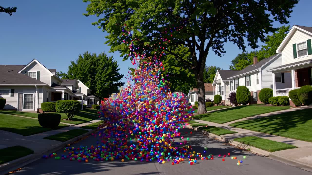 A vibrant street scene with colorful balls mid-air, captured from a low angle