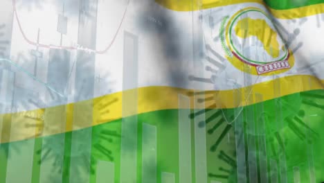 Makro-Corona-Virus-Breitet-Sich-Aus,-Im-Hintergrund-Weht-Die-Flagge-Der-Afrikanischen-Union