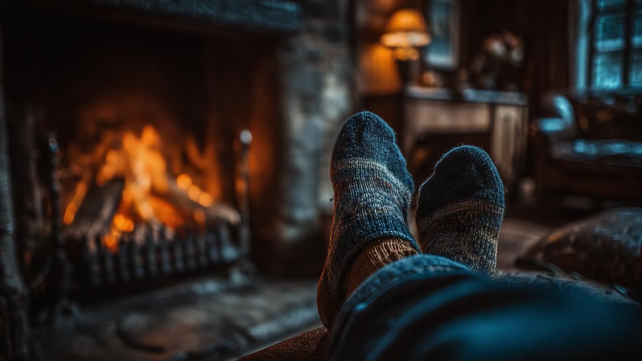 Cozy Evening by the Fireplace: Enjoying the Warmth and Comfort of Home with Snug Socks and a Gentle Glow from the Flames
