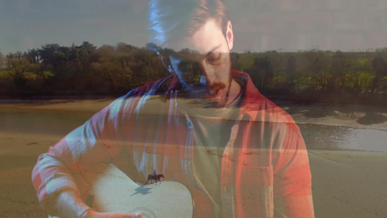 Man strumming acoustic guitar over river backdrop for education featuring double exposure overlay