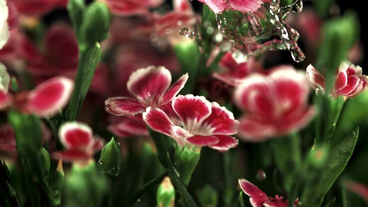 Wassertropfen fallen in Zeitlupe auf leuchtend rosa Blumen
