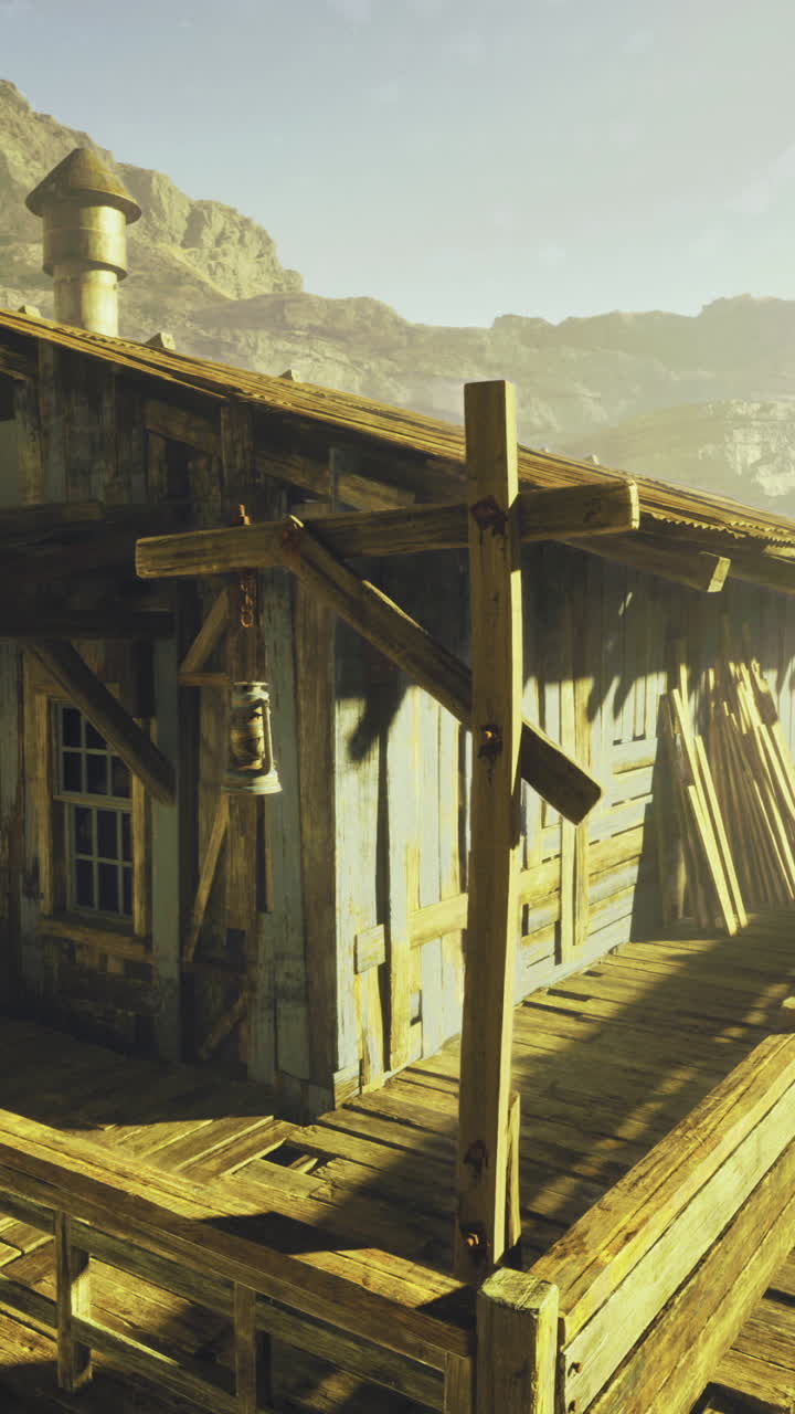 Rustic wooden cabin on cliffs under warm sunlight at dawn