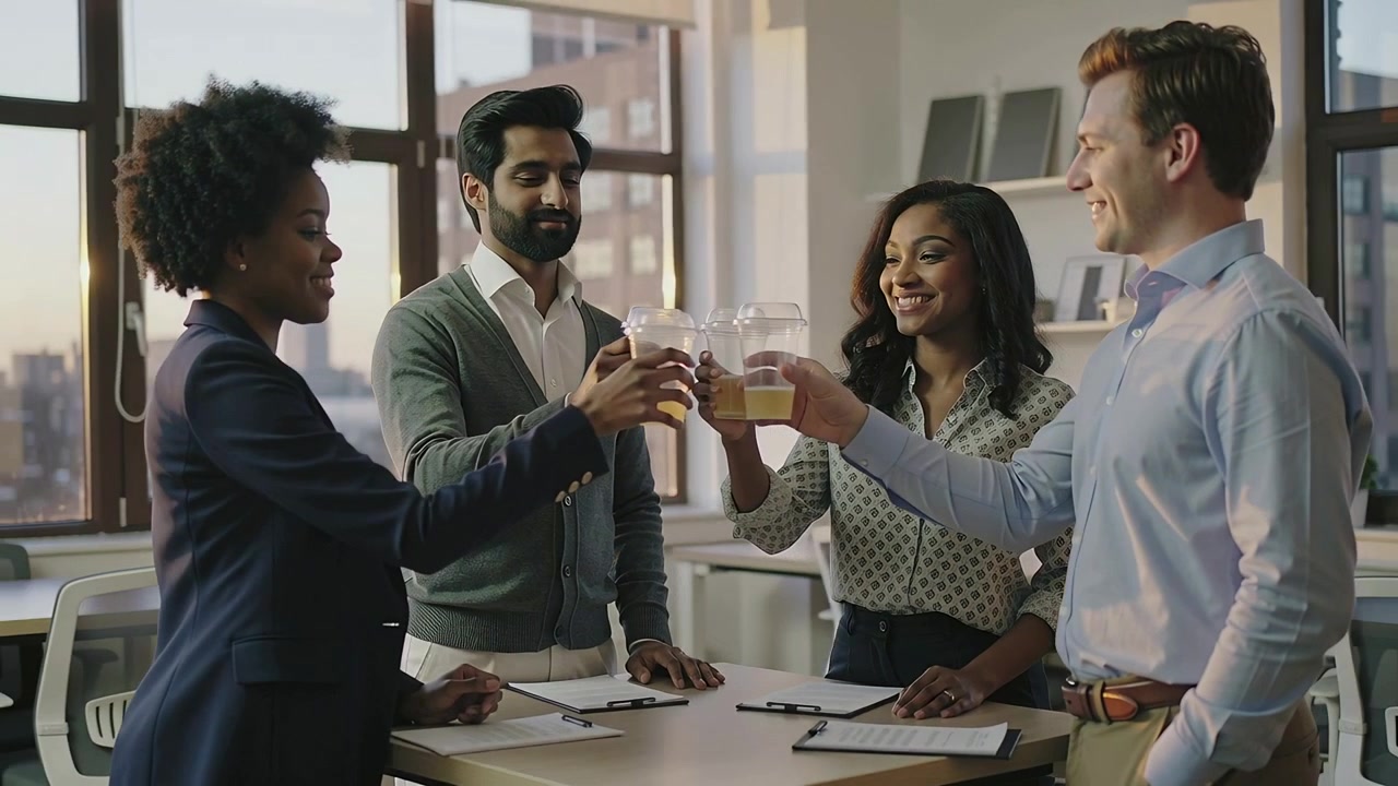 Clinking clear cups after meeting, team of four raising drinks at high table, clipboards