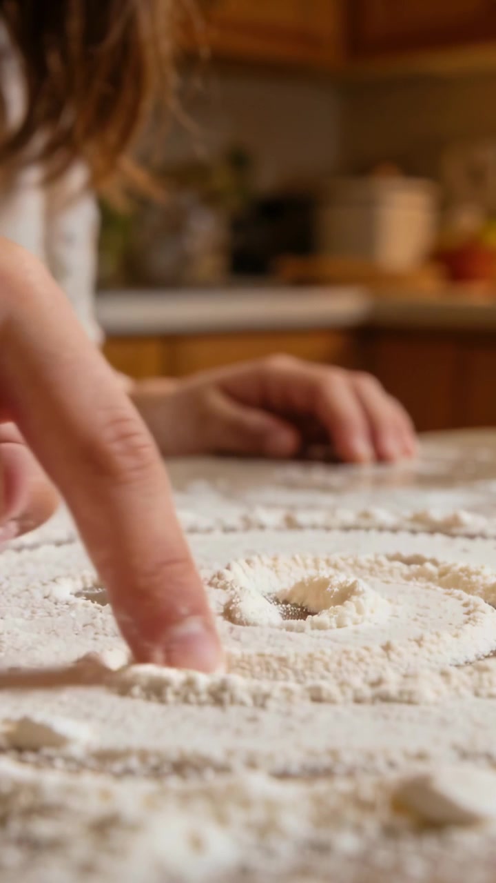 Vertical video: Pressing hand kid making dough discs on floury home counter in sleeves, copy space