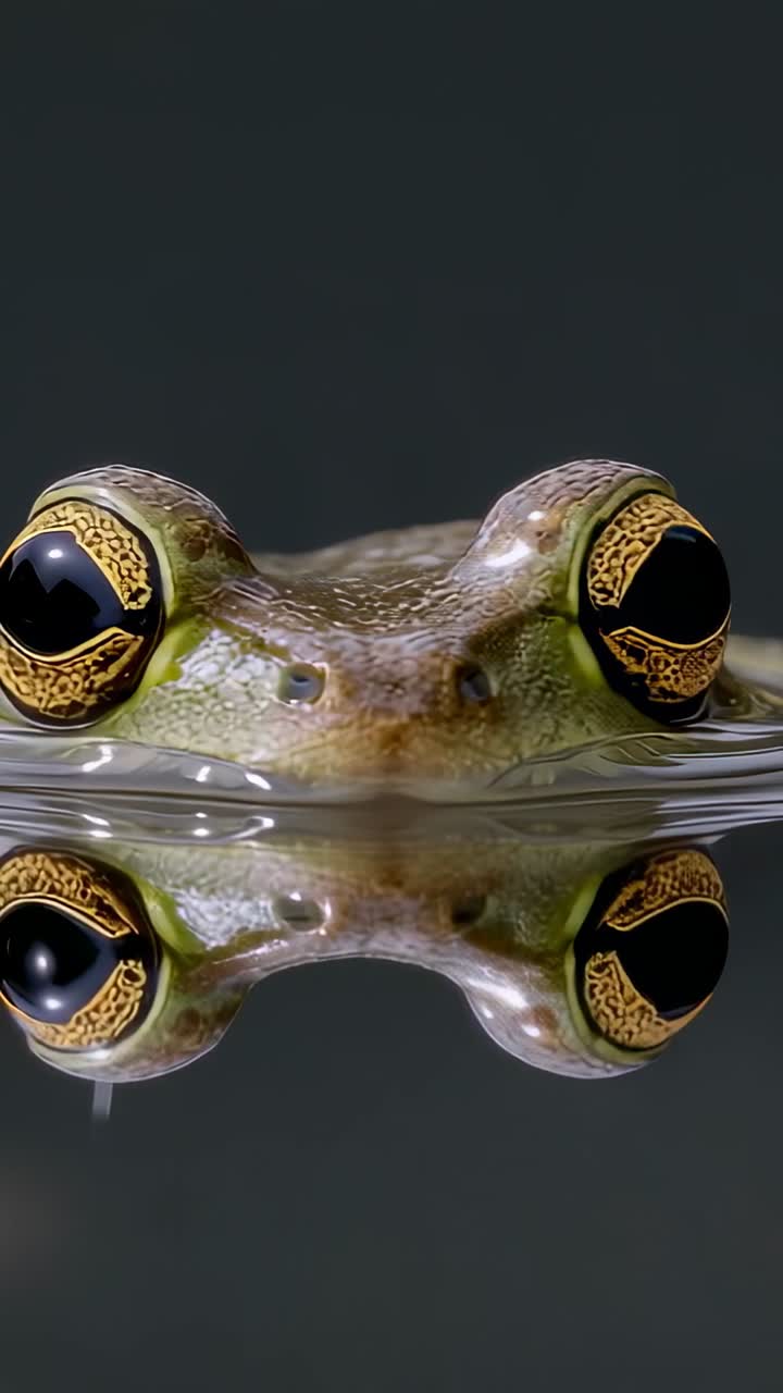 Vertical video: Bobbing frog head responding to ripples at waterline in tank, with sharp reflection