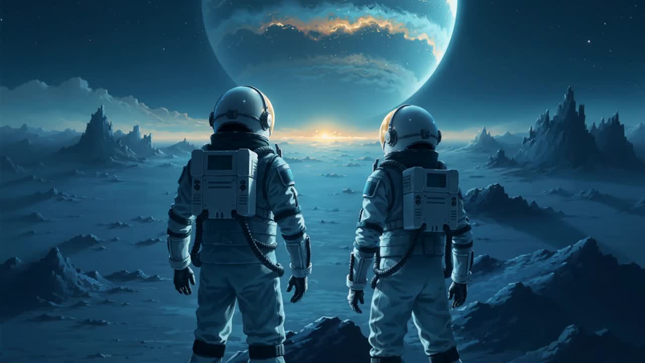 Standing two astronauts in helmets watching dawn horizon on plain with gas giant, assessing terrain