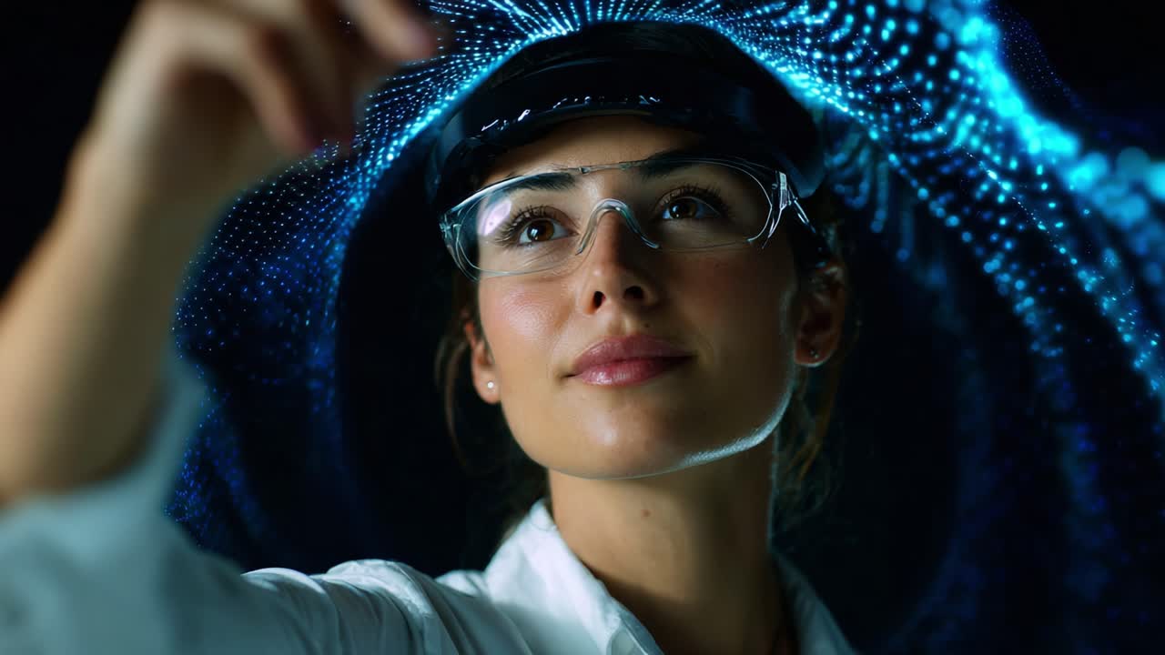 Un'innovativa scienziata impegnata nella tecnologia avanzata con visualizzazione digitale in un ambiente futuristico, che mette in mostra creatività ed eccellenza nella ricerca