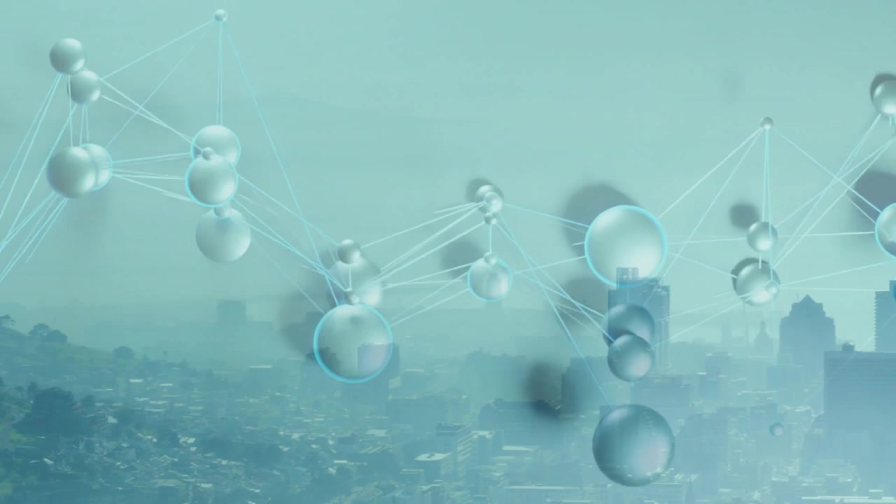 Jaringan node transparan melayang dari kiri, menggeser visualisasi konektivitas di atas cakrawala berkabut