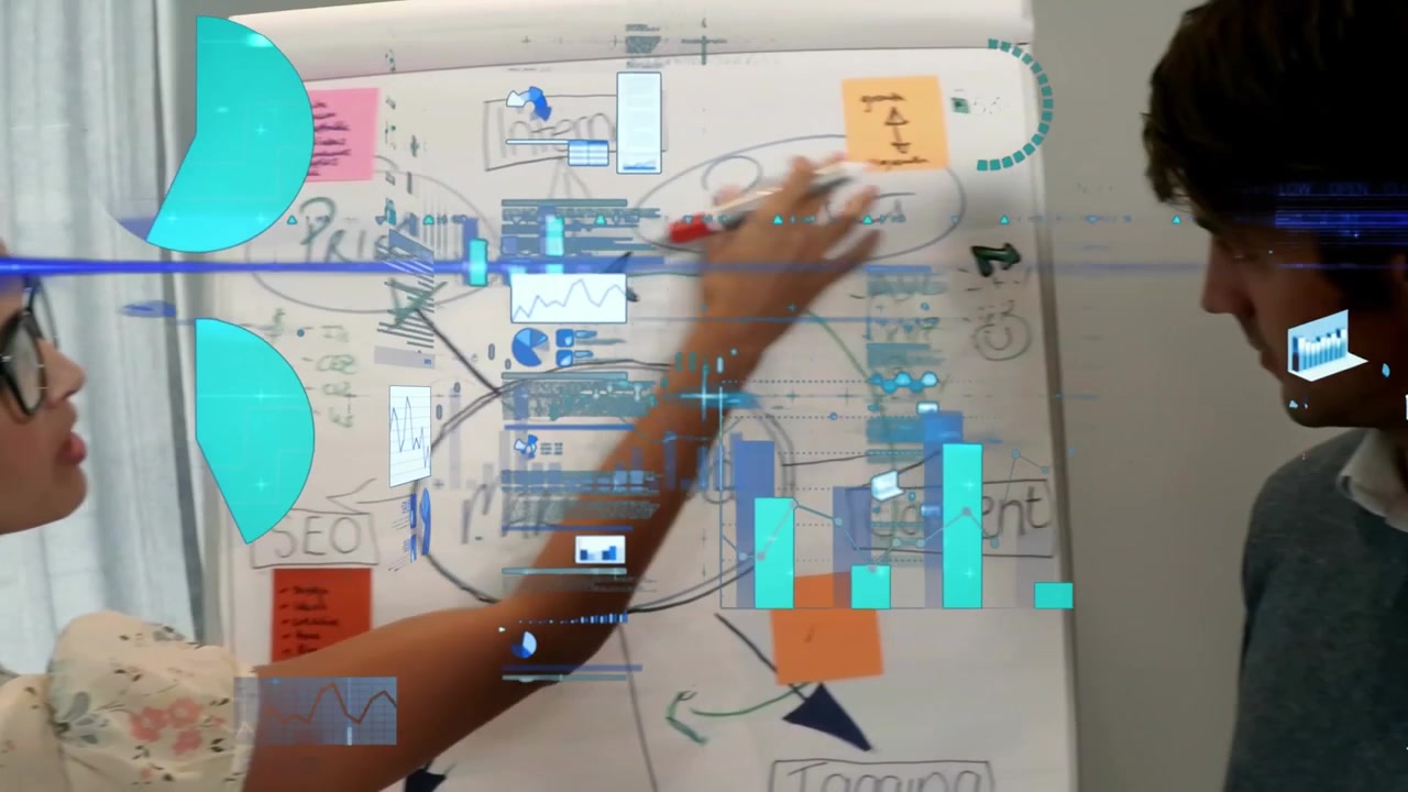 Animation of statistical data processing over diverse colleagues discussing over a whiteboard