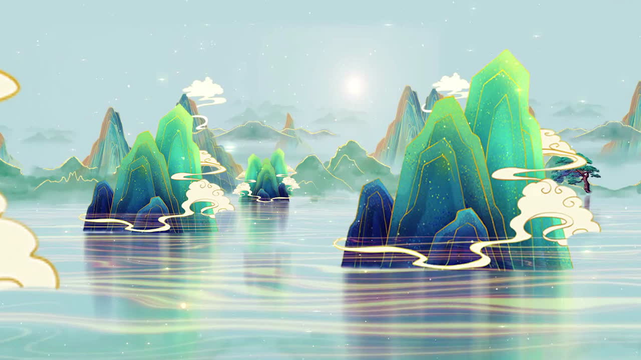 China's traditional Oriental Digital Art Animation, Chinese painting ink in mountain with flowers, tree, birds, river in fog background artwork