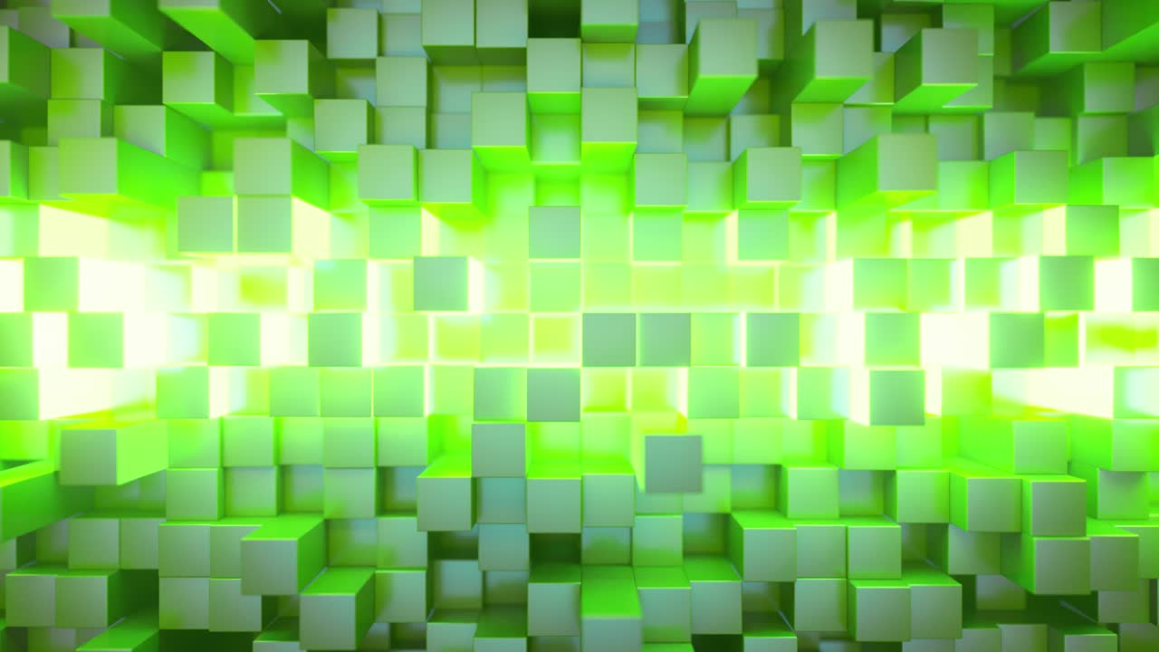 fondo de tecnología abstracta para presentaciones de negocios. cubos que se mueven al azar. brillo de neón brillante en el medio. bucle sin costuras 3d render